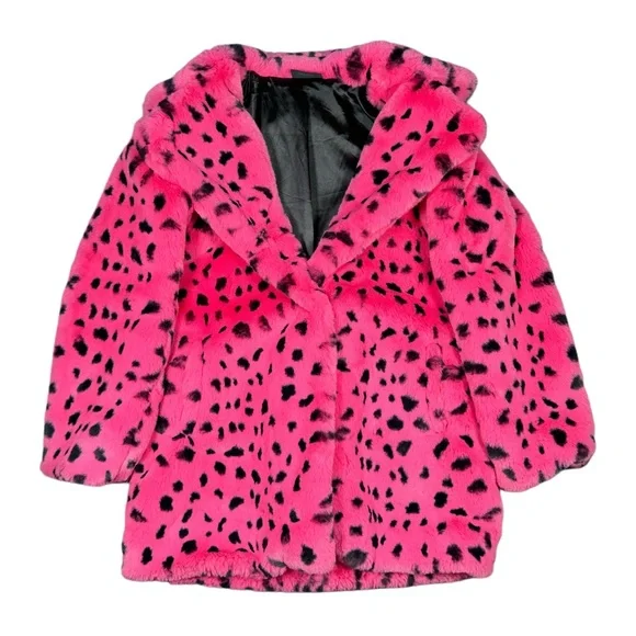 Lazy Oaf Hot Pink Faux Fur Pea Coat with Black Spot Print and Bow - Picture 3 of 9